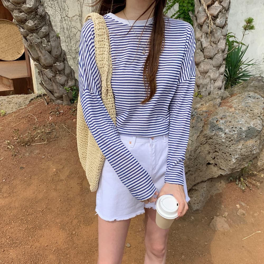 코이블리 루즈핏 린넨 라이크 슬라브 스트라이프 티셔츠 여성 라운드넥 긴팔