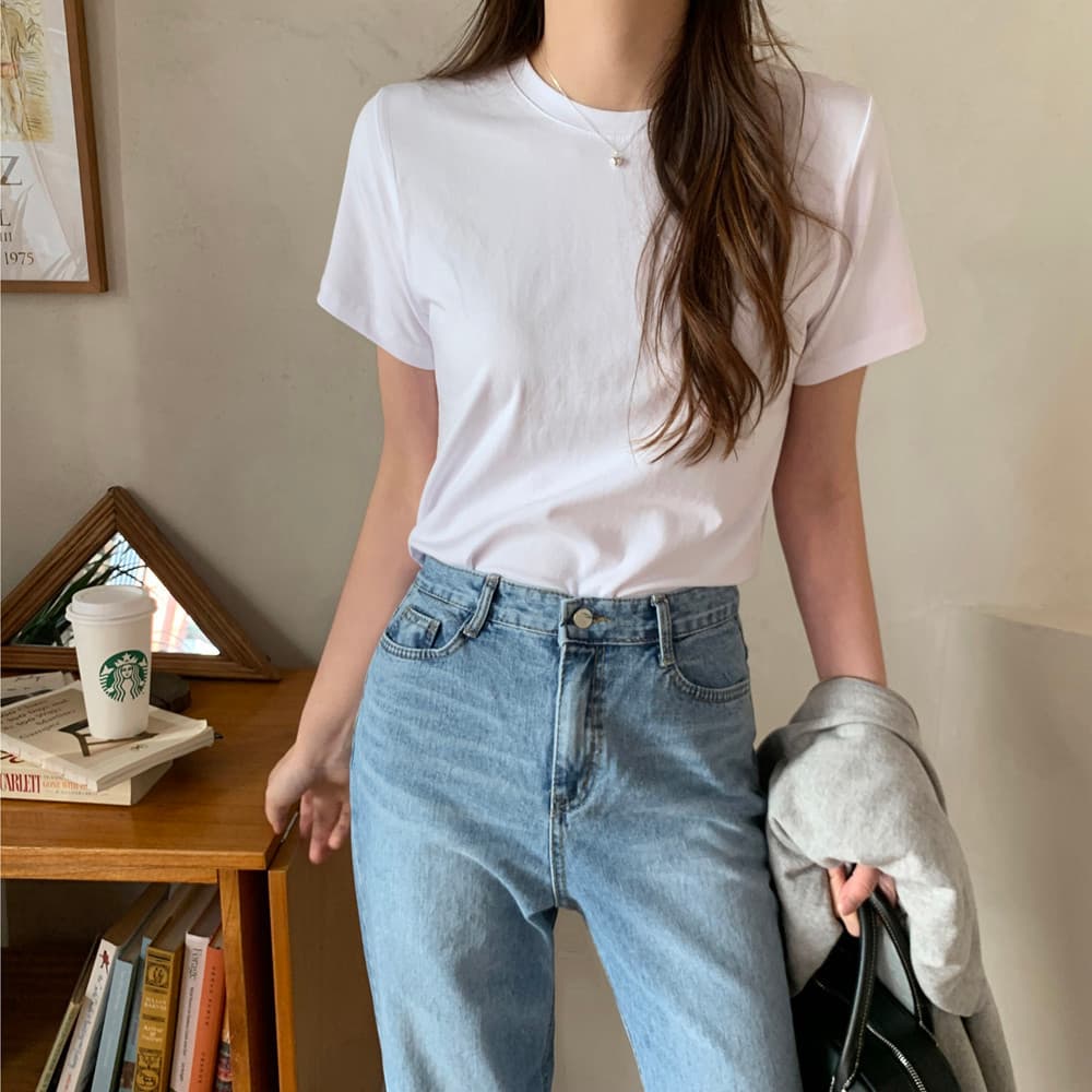 코이블리 쫀득 면 스판 여성 티셔츠 라운드 레이어드 이너 반팔티 - 최저가 15,800원