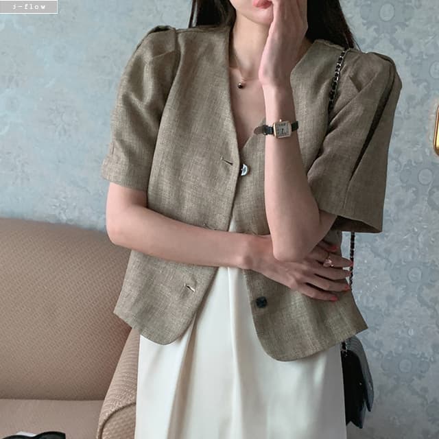제이플로우 해럿 린넨 트위드 브이넥 퍼프 크롭 자켓 2col