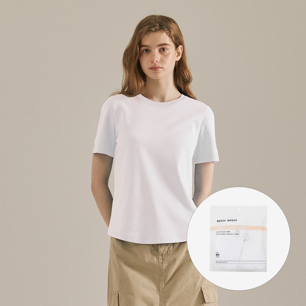 BASIC HOUSE 여성 프리미엄 인터록 40수 레귤러 라운드 반팔 티셔츠 2팩 - 최저가 14,900원