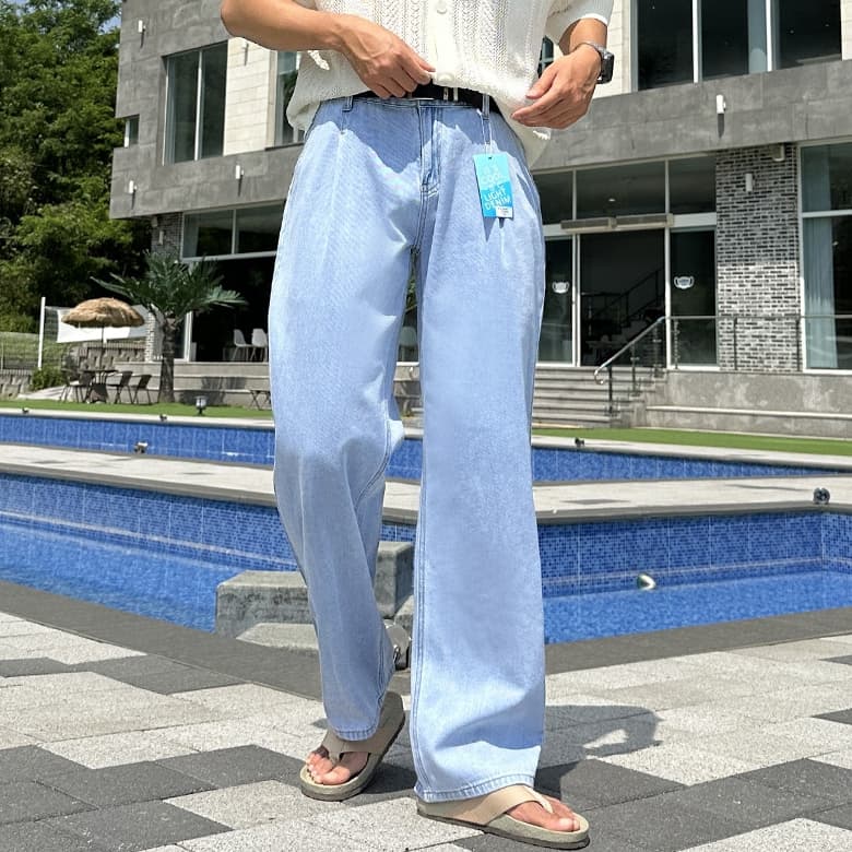 피팅남 남자 드매 3단기장 여름 아이스 쿨링 원핀턱 와이드 데님