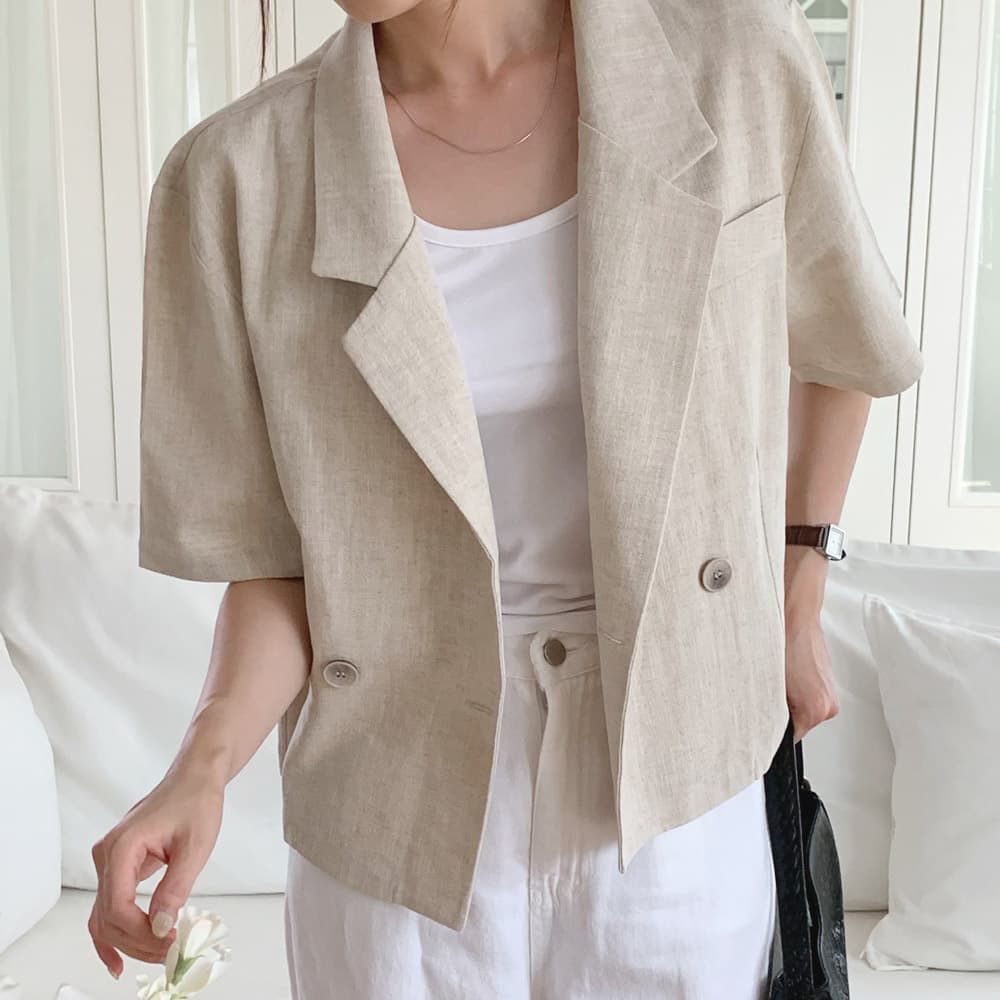 스타일대박 여성 여름 반팔 린넨 자켓 루즈핏 세미 크롭 크림 브라운 블랙 - 최저가 45,800원