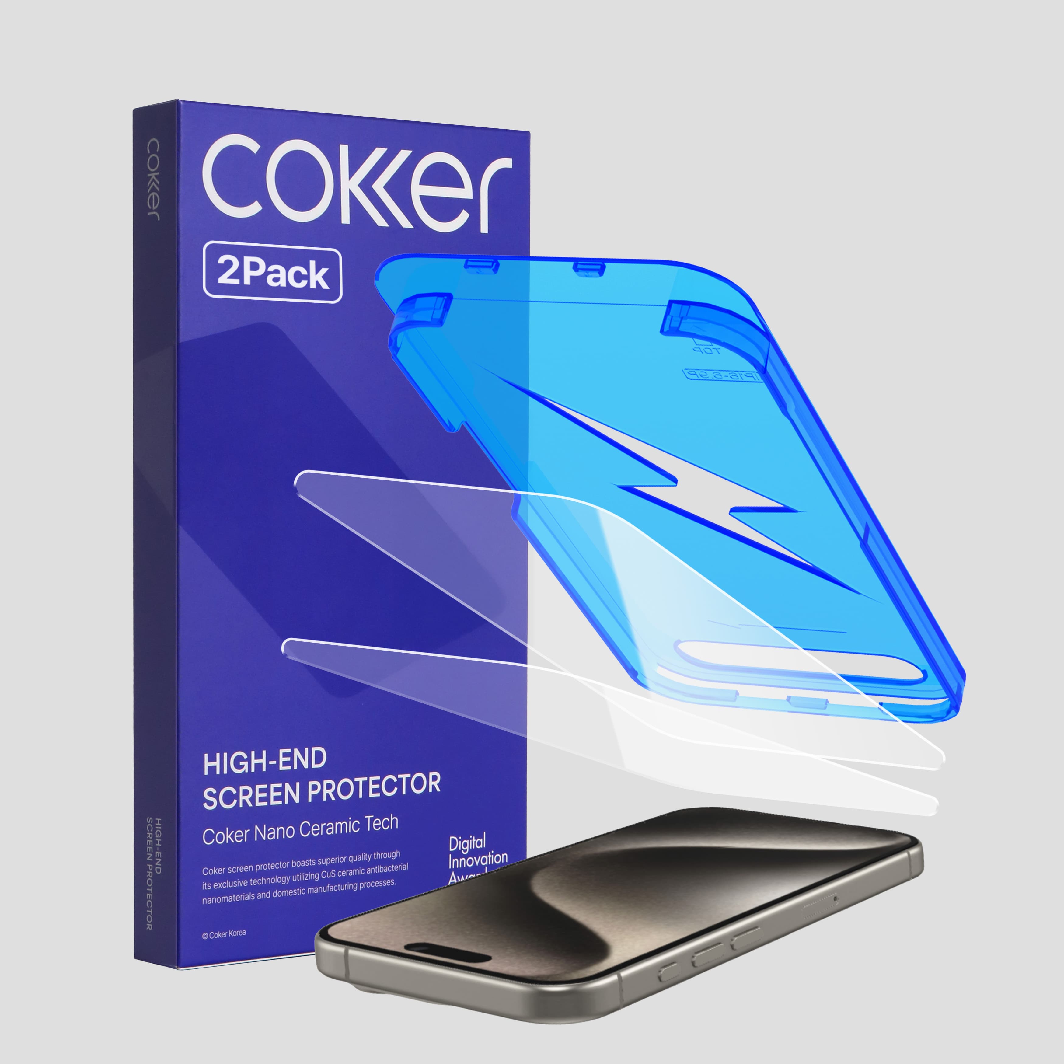COKER 코커 원터치 강화유리 이지핏 풀커버 액정보호필름 아이폰15 프로, 2매입