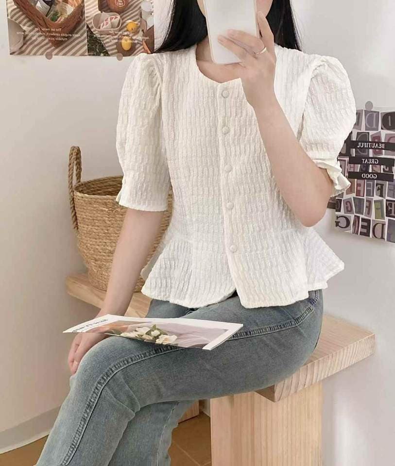 여자여자몰 사방스판 퍼프소매 셔링반팔블라우스 프릴 허리슬림핏 하단플레어