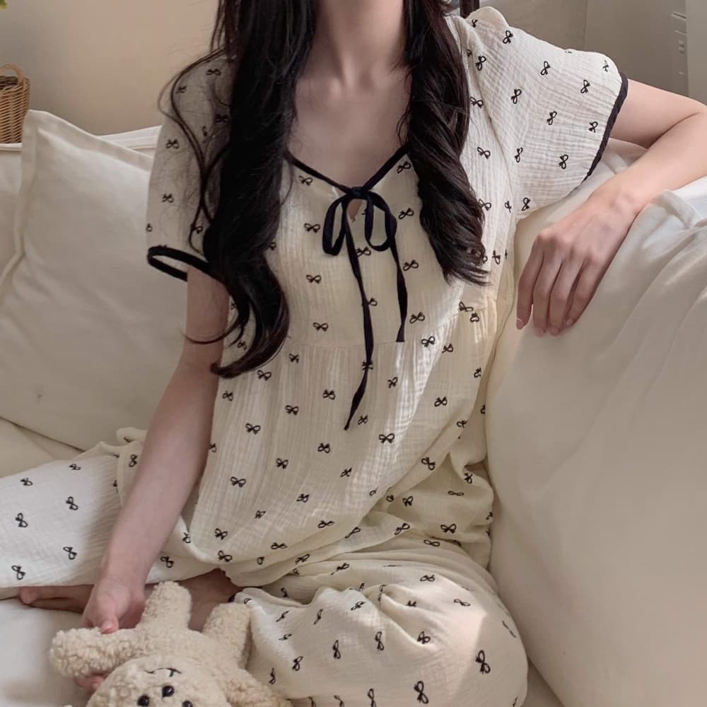 로앤무드 홈웨어 캡내장잠옷 순면 오리엘 여름 반팔 반바지 파자마