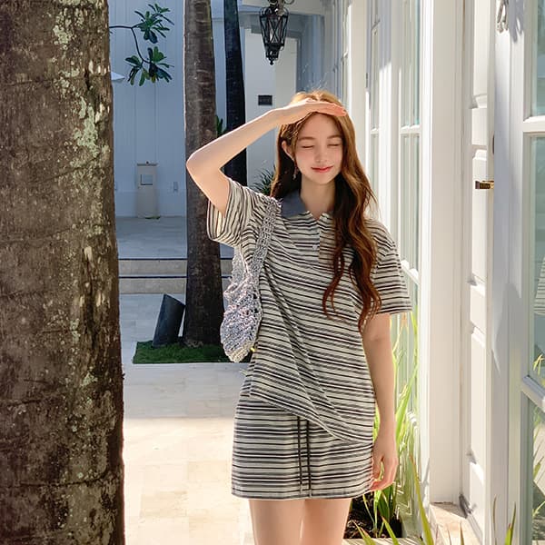 아뜨랑스 스트라이프 바지안감 올밴딩 미니 스커트 세트 st2896
