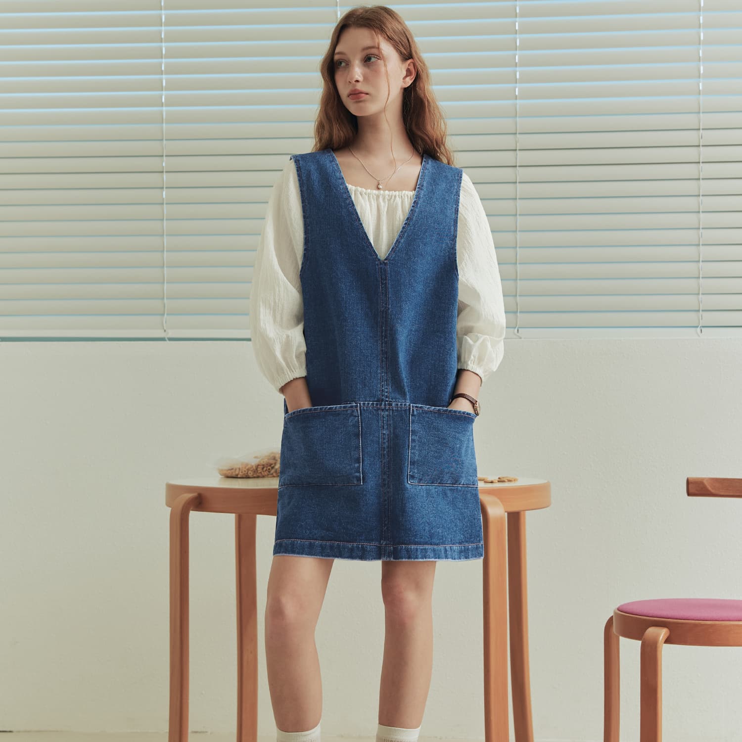 제로스트릿 [제로스트릿] 스티치 브이넥 데님 원피스 STITCH V-NECK DENIM ONE-PIECE / BLUE