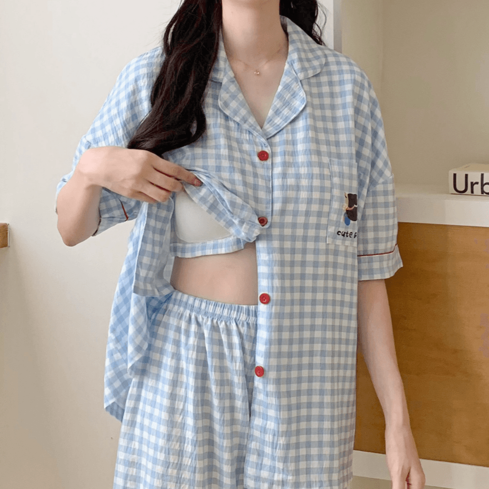 로앤무드 홈웨어 캡내장잠옷 여름파자마 수유잠옷 카렌디 반팔 여성 바지 세트