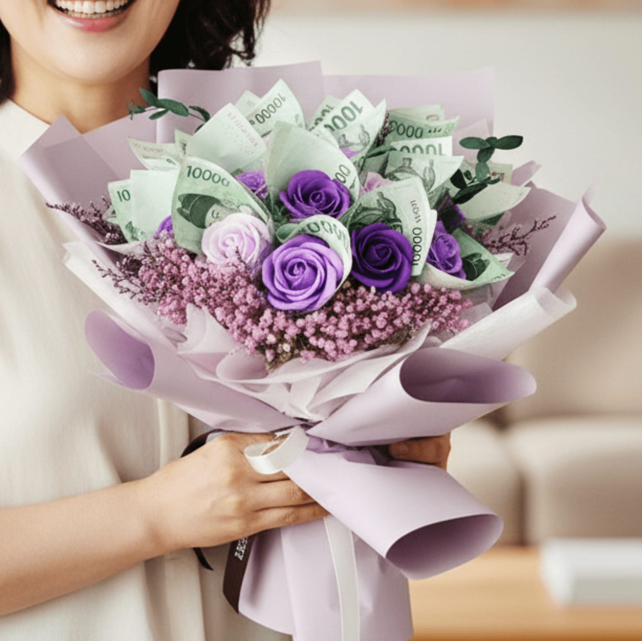 테차 돈꽃다발 돈다발꽃 용돈 현금 카네이션 생일 꽃다발 칠순 보라장미