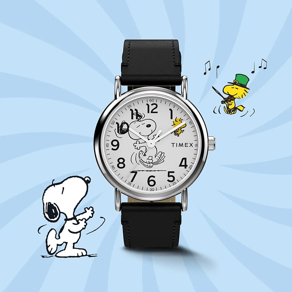TIMEX 타이맥스 x 피너츠 위켄더 스누피 댄싱 블랙 레더워치 38mm TW2Y31000 - 최저가 170,050원