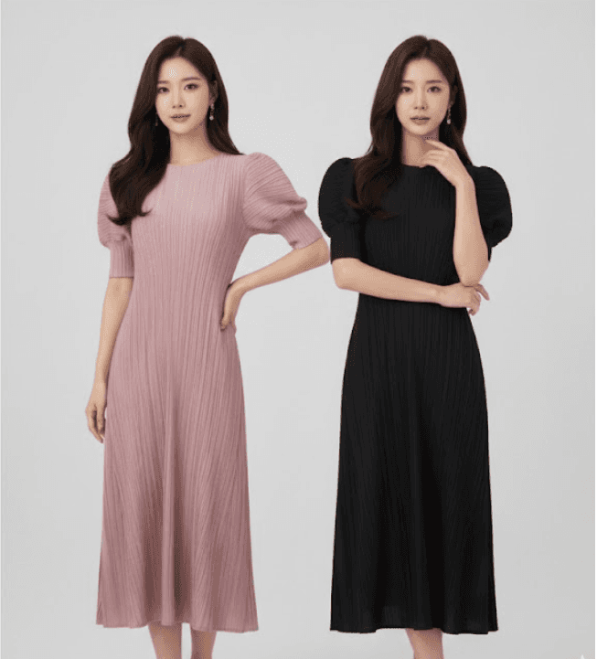이즈레더 고급 플리츠 퍼프 원피스 여리핏 롱원피스 체형보정