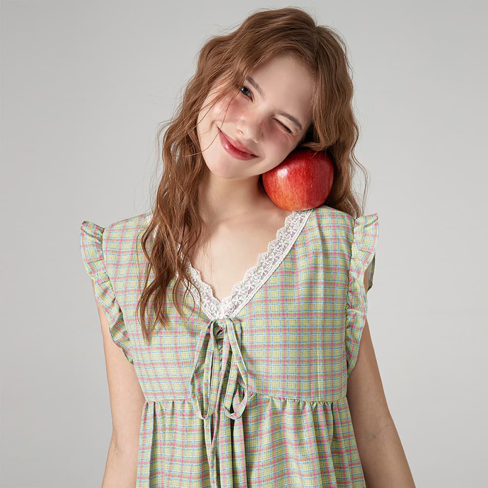 DOSSY 코튼라이크 푸키 민소매 레이스 원피스 잠옷