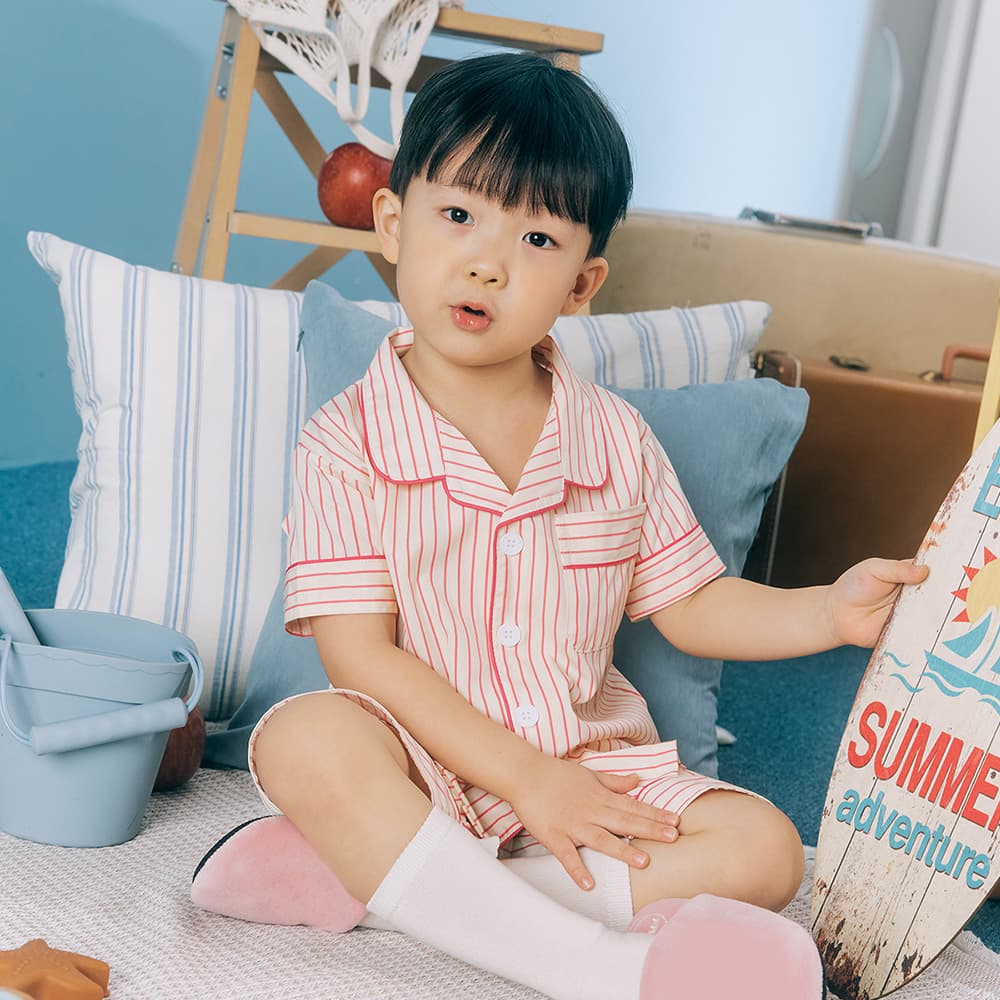 DOSSY 실크핏 러브썸 여름 반팔 카라 키즈 잠옷 세트 - 최저가 19,900원
