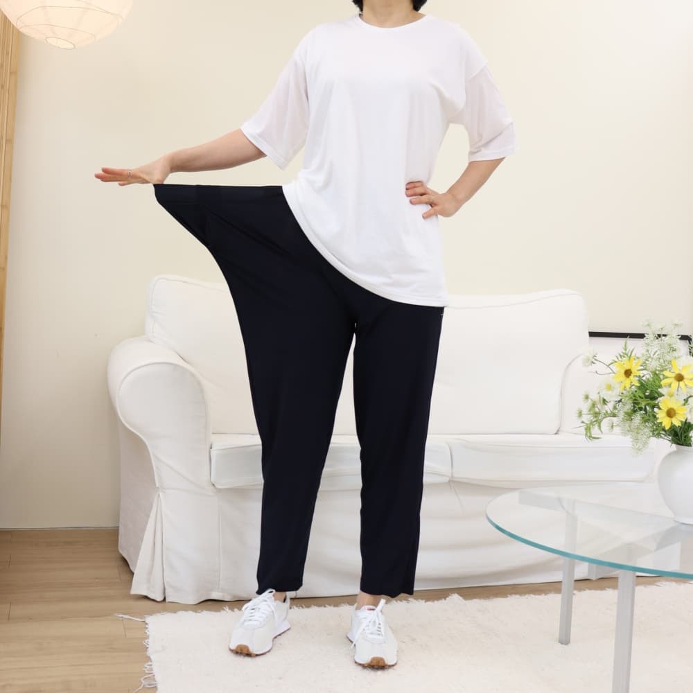 에스빅샵 빅사이즈 여름 아이스 쿨링 찰랑 밴딩 바지 밑위긴 시원한 고무줄 배기팬츠 네이비 - 최저가 7,900원