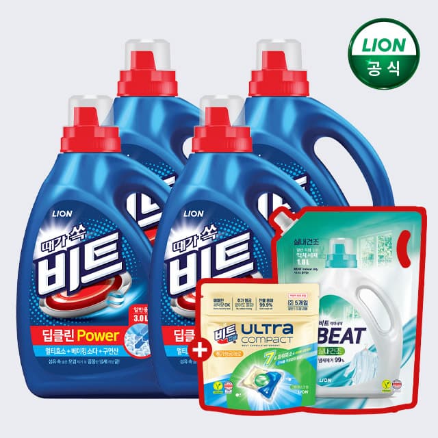 라이온코리아 브랜드스토어 비트 딥클린 파워세탁 액체 세탁세제 3L 일반 본품 4개