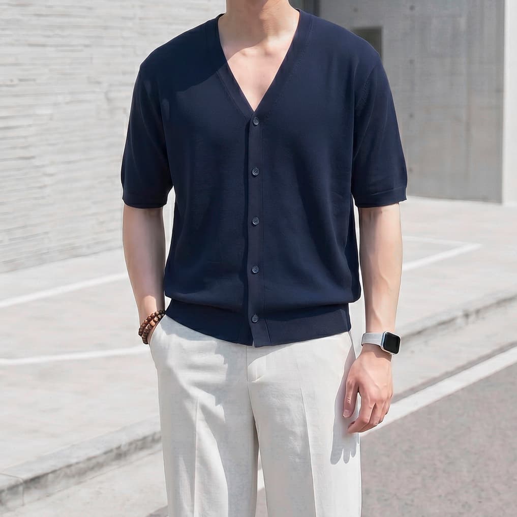비욘드마이셀프 남자 린넨 텐셀 브이넥 반팔 가디건 5color - 최저가 39,800원