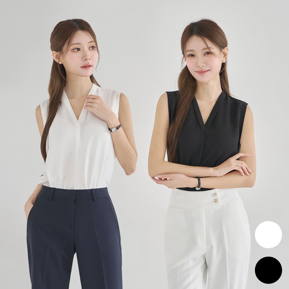더웨이나인 여름블라우스 나시 민소매 쉬폰 화이트 브이넥 블랙 검정 흰 여성정장이너 V넥