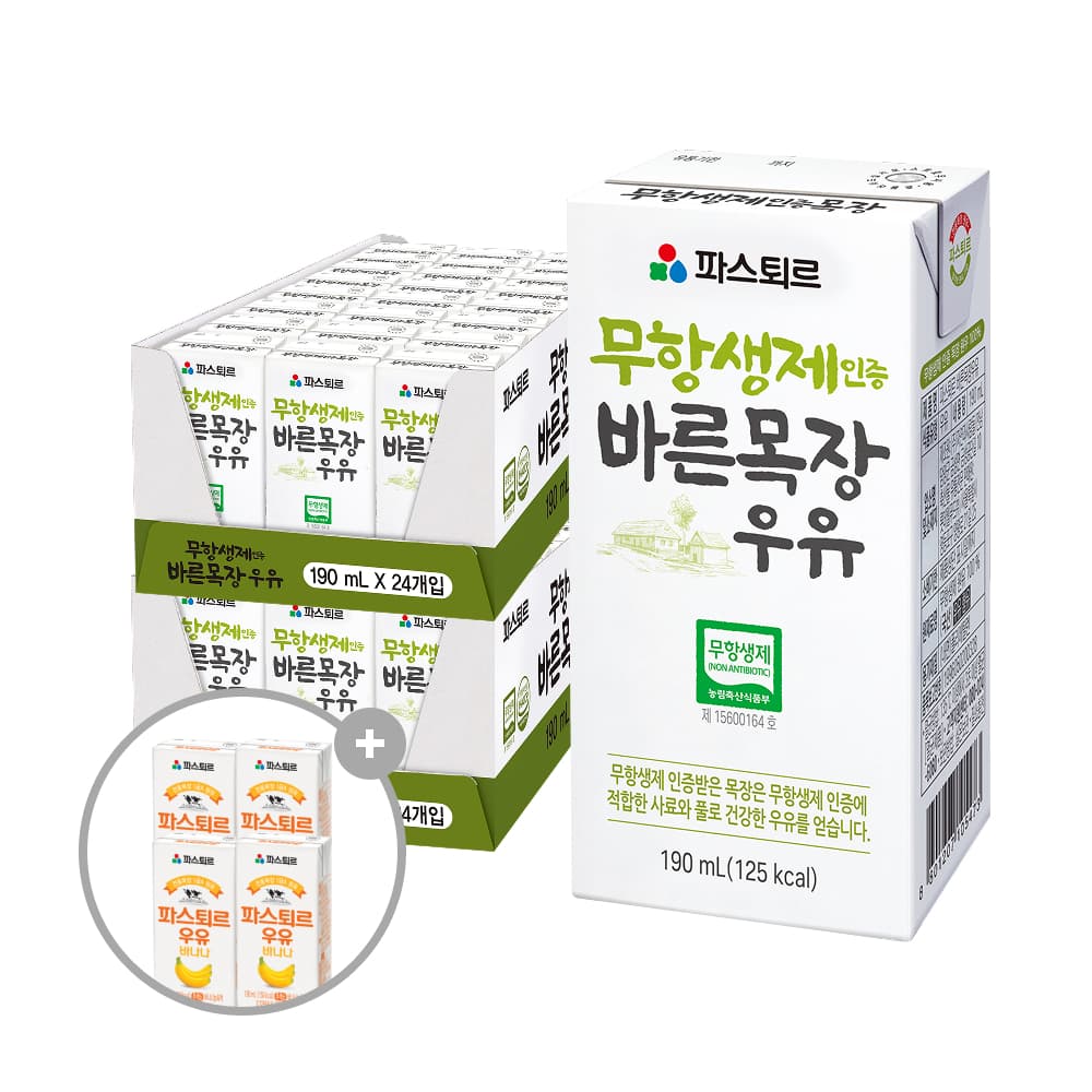 롯데웰푸드 파스퇴르 바나나우유 4개 + 파스퇴르 무항생제 바른목장 우유 190ml 48개