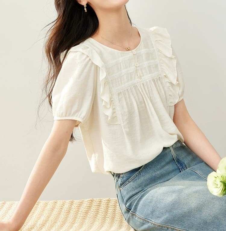 허리군살커버 아사면 양프릴블라우스 레이스단추 여름반팔블라우스 A라인 가격 비교 여자여자몰 허리군살커버 아사면 양프릴블라우스 레이스단추 여름반팔블라우스 A라인