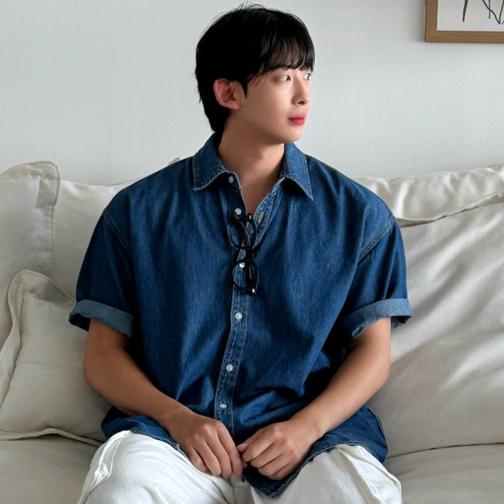 남자 타론 루즈 오버핏 데님 반팔 셔츠 가격 비교 피팅남 남자 타론 루즈 오버핏 데님 반팔 셔츠
